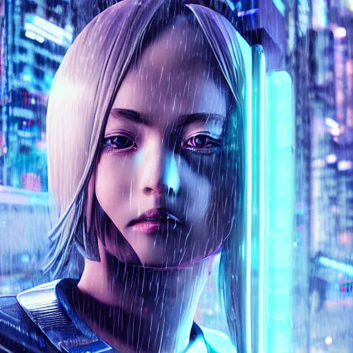 Image similar to anime woman portrait made out of rain, beautiful, cyborg, stylish suit, cyberpunk background, neon, rendered in octane, unreal engine, matte painting, sharp focus, trending on artstation, futuristic