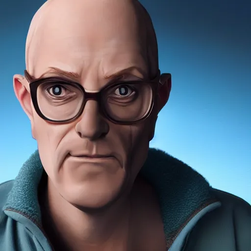 Image similar to A middle-aged Dr. Venture in real life with a hooked nose, a long gaunt face and skinny body and neck, very thin and bald, realistic, very realistic, hyperrealistic, highly detailed, very detailed, extremely detailed, detailed, digital art, oil painting, trending on artstation, headshot and bodyshot, detailed face, very detailed face, extremely detailed face, HD Quality, 8k resolution, very very detailed face, real life