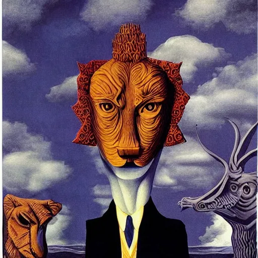 Prompt: king of the beasts 666, by Rene Magritte, by Remedios Varo, by M.C. Escher, fairy-tale illustration style, very detailed, colorful, beautiful, eerie, surreal, psychedelic