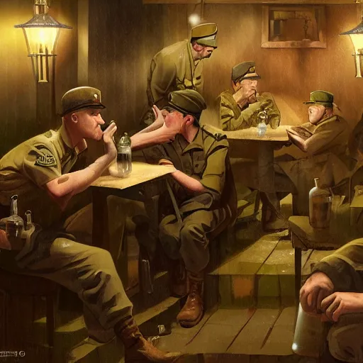 Prompt: World War 2 soldiers drinking at a pub. Digital painting by James Jean and Greg Rutkowski, 4k wallpaper, dramatic and relaxing lighting