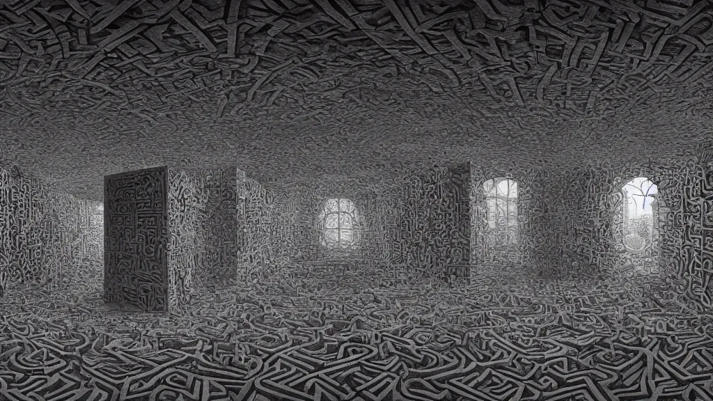 Prompt: a beautiful hyper realistic detailed matte painting of a maze where the walls create the shape of a mad owl, dramatic lighting, dynamic lighting, cinematic lighting, dynamic lighting, cinematic lighting, lit by morning light, by maurits cornelis escher, black and white, featured on artstation, ultrawide angle