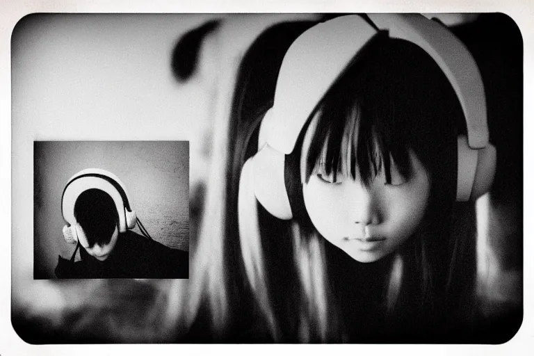 Prompt: Sadako from The Ring streaming on twitch with cat ear headphones, photograph, polaroid, black and white, grain filter