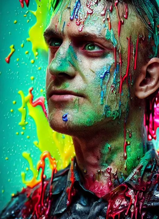 Prompt: beautiful profile photograph of a slimy rotting zombie cop covered in colorful wet goop, dripping with colorful liquid, policeman, cop, biocop, intricate details, dark ambient, service cap, atmospheric, elegant, super highly detailed, professional digital photo, artstation, concept art, 8 k