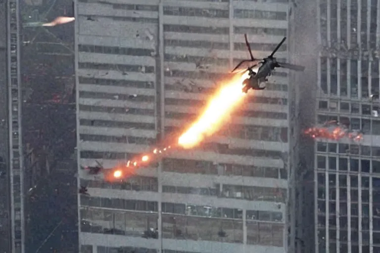 Prompt: militarily helicopter firing missiles smashes through high rise window, explosions, office interior, by Michael Bay