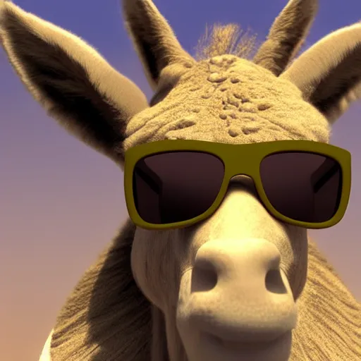 Prompt: 3D render of a donkey character wearing cool sunglasses, artstation