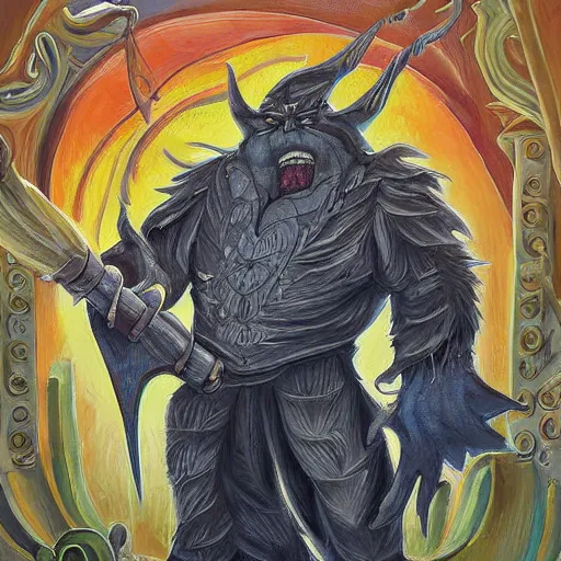 Prompt: city of gateway wizard monster depardieu painting by sean andrew murray