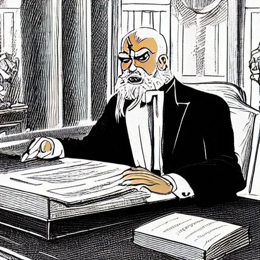 Image similar to president griffith from berserk at his white house oval office desk