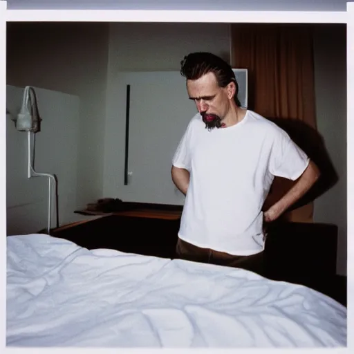 Image similar to jordan peterson crying while making his bed. portra 4 0 0.