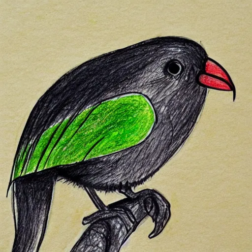 Prompt: sketch on paper of a kiwi bird drawn by an eight year old kid with crayons