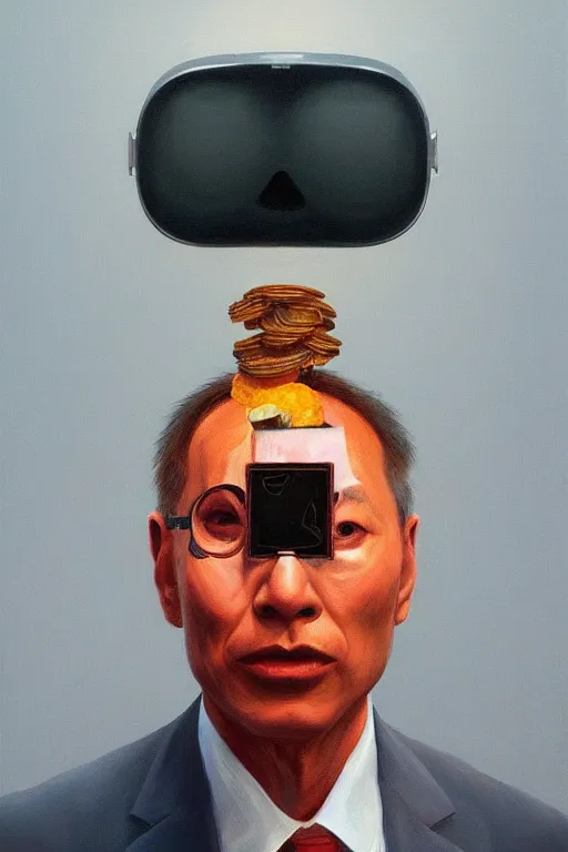 Image similar to sathoshi nakamoto wearing oculus and bitcoin over his head edward hopper and james gilleard, zdzislaw beksisnski, higly detailed