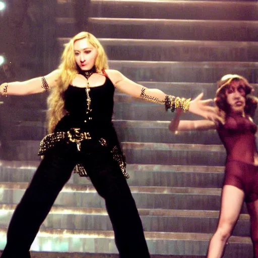 Prompt: madonna ( 2 0 0 5 ). confessions on a dancefloor. hung up music video.