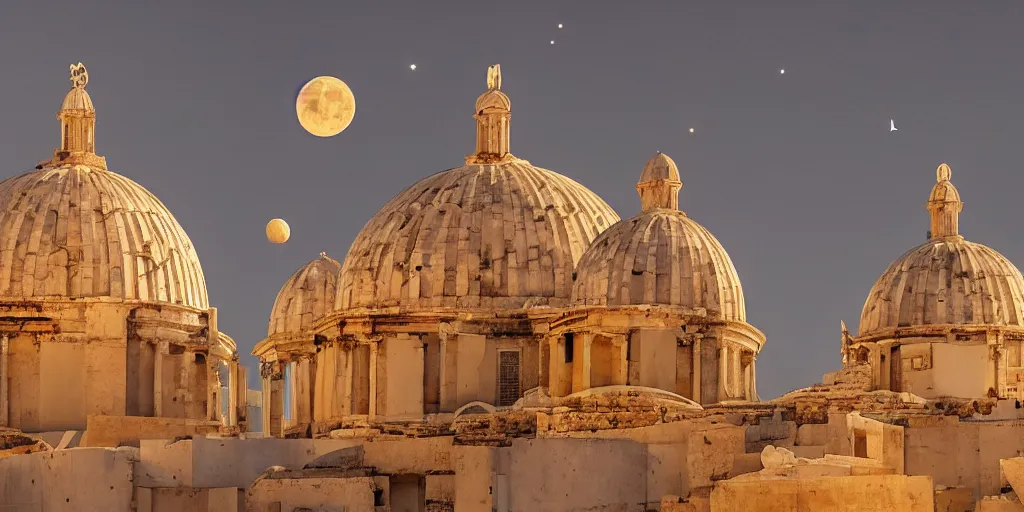 Image similar to human futuristic city, highly detailed,, beautiful architecture greek style, si - fi, golden hour light, two moon on the sky, 8 k, sharp focus, cinematic