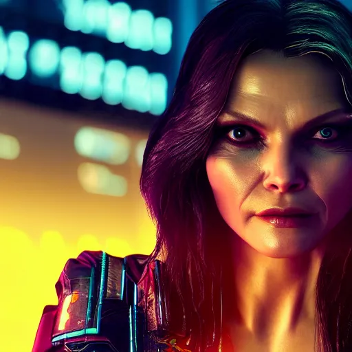 Image similar to michelle pfeiffer portrait, cyberpunk 2 0 7 7, cyberpunk judy alvarez, photorealistic, ultra detailed, neon, octane, bokeh, cinematic lighting, cyber, cyberpunk city, studio quality, feature, scars, cyberface, 8 k