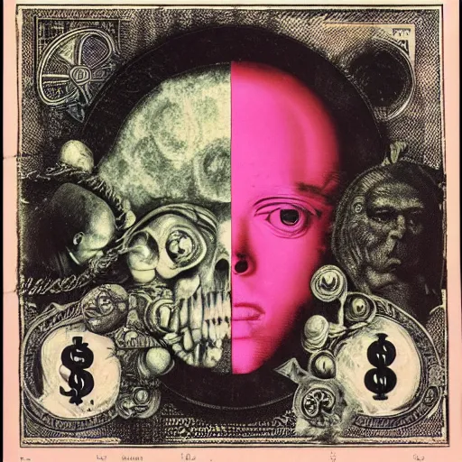 Image similar to post - punk new age album cover, asymmetrical design, frame of a dollar bank notes, capitalism, magic, apocalypse, psychedelic, black white pink, magic, giger h. r., giuseppe arcimboldo