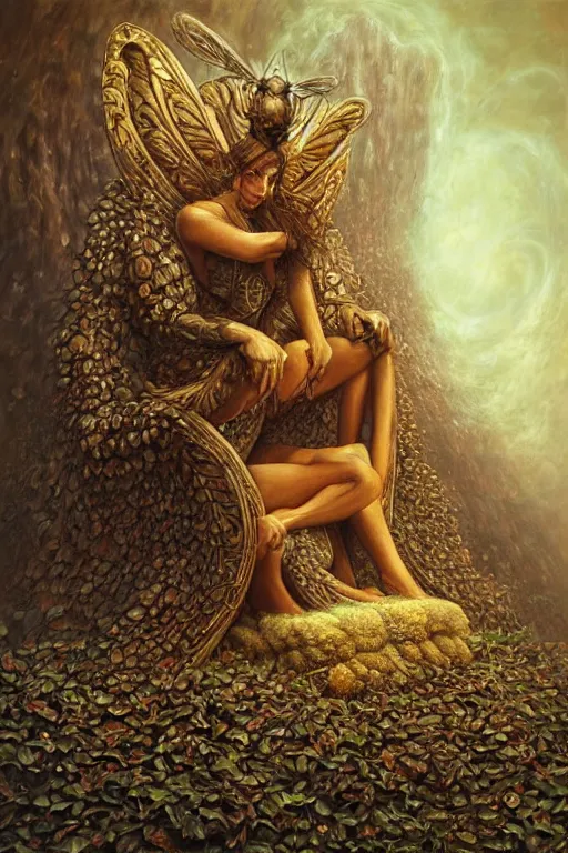 Prompt: the personification of a queen bee sitting on her hive throne. art by tomasz alen kopera.