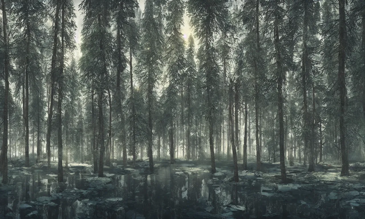 Prompt: Finnish forest lake, futuristic, cyberpunk, highly detailed, photorealistic, sharp focus, cinematic composition, cinematic lighting, detailed