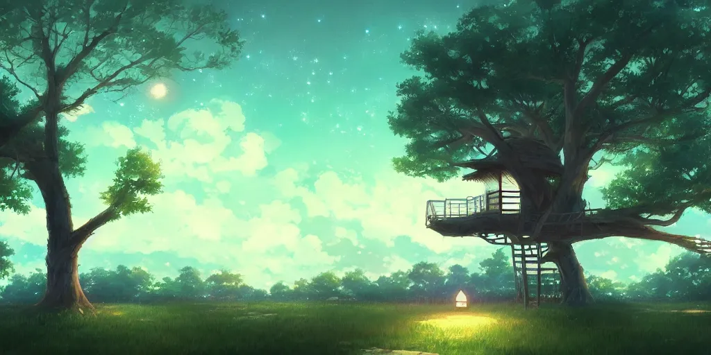 Prompt: beautiful anime painting of a treehouse at nighttime, by makoto shinkai, koto no ha no niwa, artstation, atmospheric.