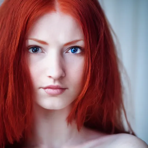 Image similar to red haired woman looking back at the camera, hyper realistic