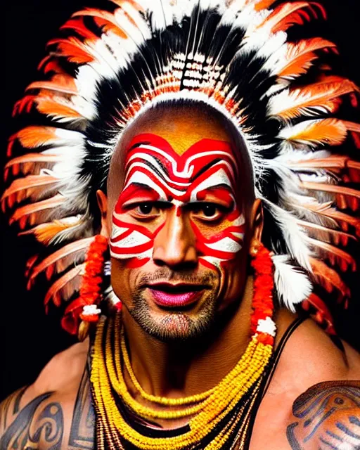 Image similar to photo of Dwayne Johnson as a Dramatic Theyyam male dancer with painted face wearing traditional theyyam costume in the style of stefan kostic, full body, feather native american headgear, realistic, sharp focus, symmetric, 8k high definition, insanely detailed, intricate, elegant, art by stanley lau and artgerm, Hajime Sorayama, William-Adolphe Bouguereau