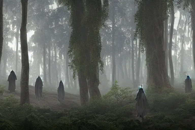 Prompt: procession of mysterious hooded figures in a forest clearing| richly embroidered velvet cloaks| tall trees| dramatic atmospheric lighting | Evelyn De Morgan and Maxfield Parrish |featured on Artstation |unreal engine