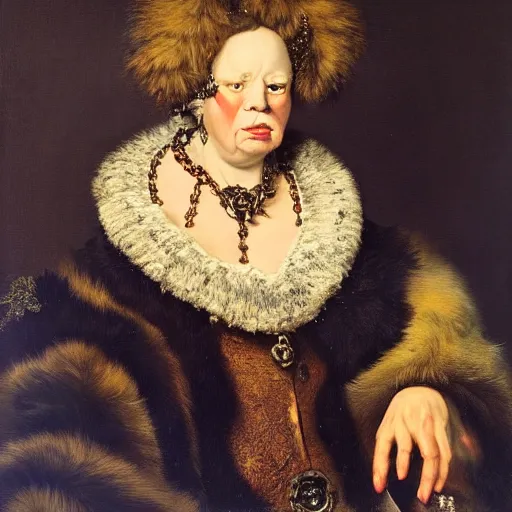 Image similar to dutch golden age oil painting by christian rex van minnen portrait of an extremely bizarre disturbing mutated woman wearing fancy fur and jewels with intense chiaroscuro lighting perfect composition