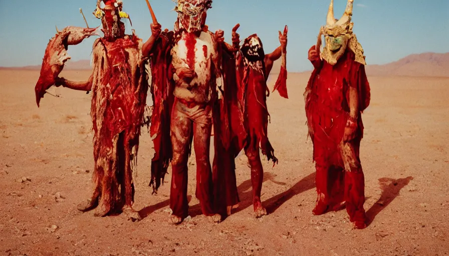 Image similar to high realistic photo portrait of esoteric tribes members with meat flesh bloody mask and elaborate red clothes in the desert, cinestill 800t 35mm, heavy grain, high quality,