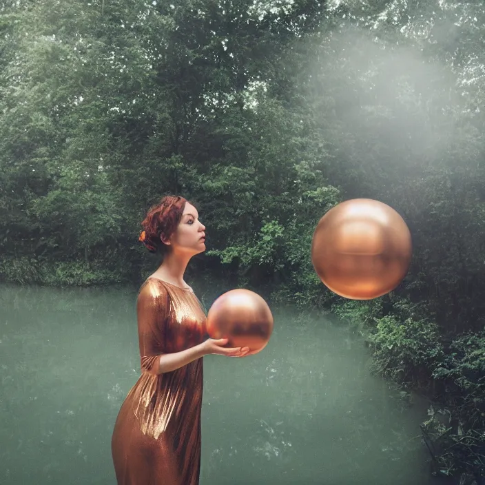 Prompt: a closeup portrait of a woman wrapped in plastic, standing next to a levitating copper orb, in a misty pond, color photograph, by vincent desiderio, canon eos c 3 0 0, ƒ 1. 8, 3 5 mm, 8 k, medium - format print