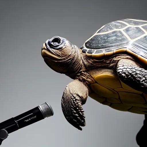 Prompt: a antropomorphic turtle making voice over in professional studio. Studio lighting f 1.2