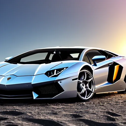 Image similar to A beautiful silver Lamborghini aventador on the beach, 8k, ray tracing reflections