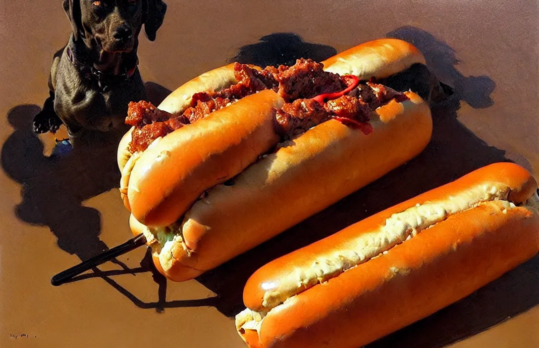 Prompt: portrait of a hot dog!!!!!!!!!!!!!!!!!!!!!!!!!!!, detailed face, detailed painting,, epic lighting, by ilya repin, phil hale and kent williams