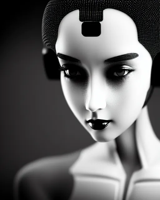 Image similar to black and white dreamy young beautiful female artificial intelligence, metropolis, cinematic, rim light, bokeh, photo - realistic, elegant, high detail, 8 k, masterpiece, photo taken in 1 9 3 0