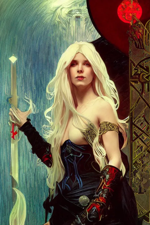 Image similar to tarot card, 4k HD digital full body portrait of Elric of Melibourne, long white hair, black paper, Long black sword with red glowing runes!, by Alphonse Mucha, Craig Mullins, Marc Simonetti, Artstation