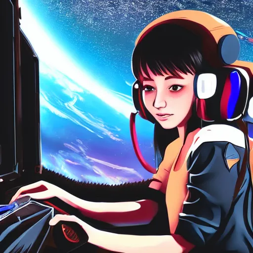 Image similar to really beautiful emo girl playing videogames in a space station in space, hyperdetailed