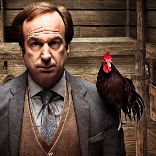 Image similar to saul goodman and a rooster in a medieval torture chamber, saw blades and knives in the background, horror movie, saul goodman, rooster!!!!, real life photo, highly detailed face