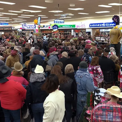 Prompt: local news roadside interview, an 8 foot tall prairie dog human cryptid creature wearing a white cowboy hat standing in the middle of a huge crowd inside a black friday sale in a busy store