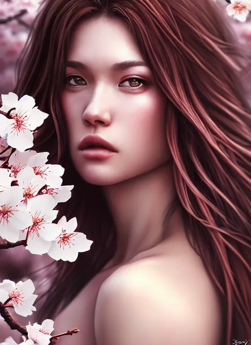 Image similar to photo of a gorgeous female with messy hair in the style of stefan kostic, realistic, body shot, sharp focus, 8 k high definition, insanely detailed, intricate, elegant, art by stanley lau and artgerm, cherry blossoms