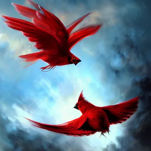 Prompt: a painting of a red cardinal flying through the sky, poster art by raymond swanland, deviantart, fantasy art, christian, deviantart, mystical