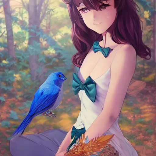 Image similar to colored pencil, anime art, beautiful full body female pinup girl, holding an indigo bunting bird, the bird is wearing a bowtie, wlop, rossdraws sakimimichan, ilya kuvshinov, krenz cushart, greg rutkowski