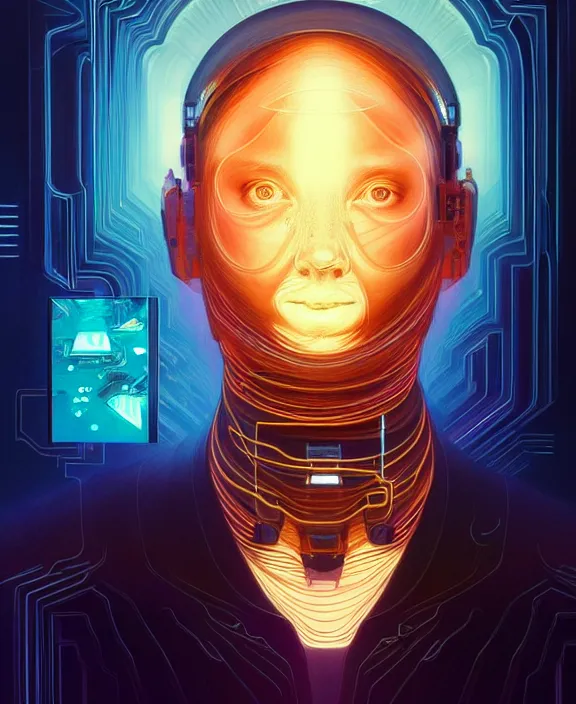 Image similar to a whirlwind inside the metaverse, guy, man, science, machine face, futuristic, hologram, half body, neurochip, android, cyborg, cyberpunk face, by loish, d & d, fantasy, intricate, elegant, highly detailed, colorful, digital painting, artstation, concept art, art by artgerm and greg rutkowski and alphonse mucha