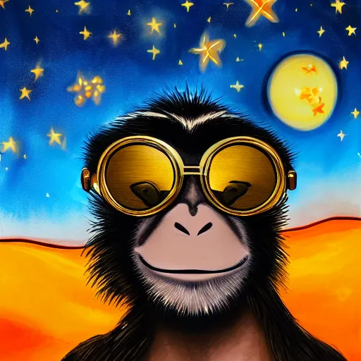 Prompt: a very detailed, 4 k painting of a monkey wearing golden headphones with shades looking up at the night sky filled with stars and galaxies