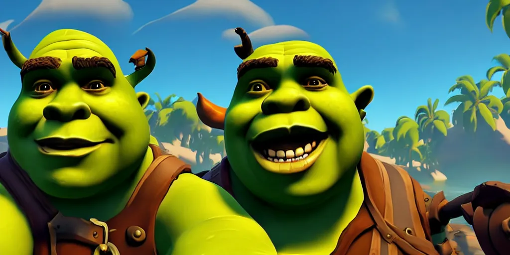 Image similar to selfie of shrek as a sea of thieves character, sea of thieves screenshot, storm, unreal engine, digital art