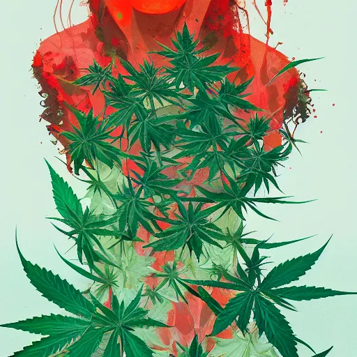 Image similar to surreal gouache painting by conrad roset, cannabis flowers growing out, portrait, cgsociety, artstation