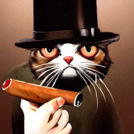 Image similar to cat with red eyes and a hat while holding a gun and smoking a cigar