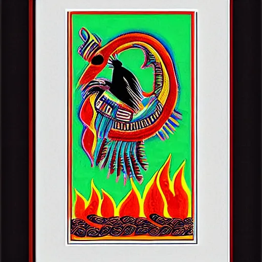 Image similar to a bird rising above the flames, mexican folk art, native american folk art, relief engraving, framed art, simple, mild expressionism, award winning