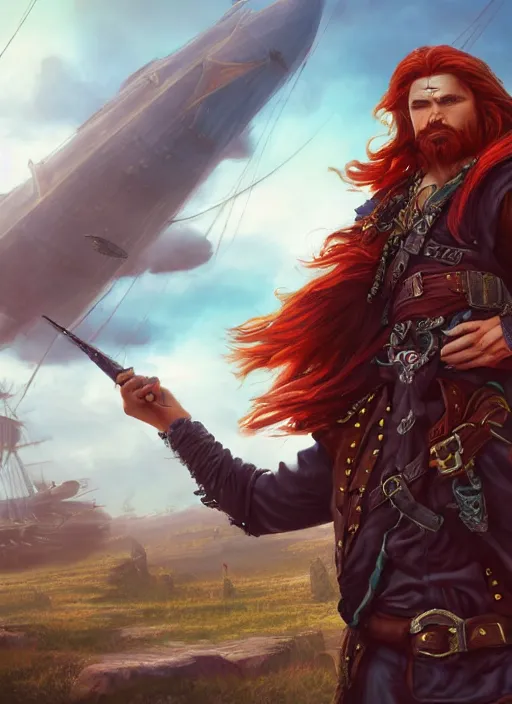 Image similar to an epic fantasy comic book style portrait painting of a long haired, red headed male sky - pirate in front of an airship in the style of disney, unreal 5, daz, hyperrealistic, octane render, cosplay, rpg portrait, dynamic lighting