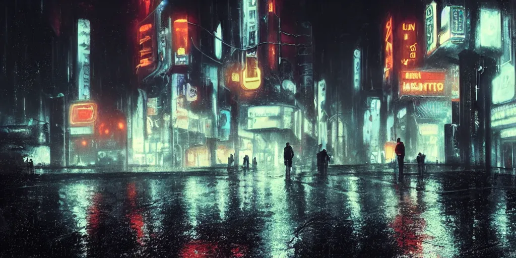 Prompt: digital art of clint eastwood, close look, in blade runner posing on a neon rainy vague street in headlights matte painting, concept art, detailed, photo realism