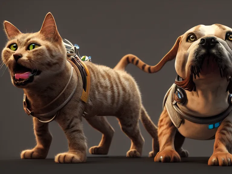 Image similar to cat and dog like a biorobots, RPG Reference, Oil Painting, Trending on Artstation, octane render, Insanely Detailed, 8k, HD