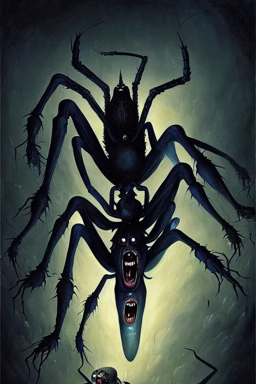 Image similar to hieronymus bosch, greg rutkowski, anna podedworna, painting of a dark blue skinned elf screaming as it transforms into a spider demon