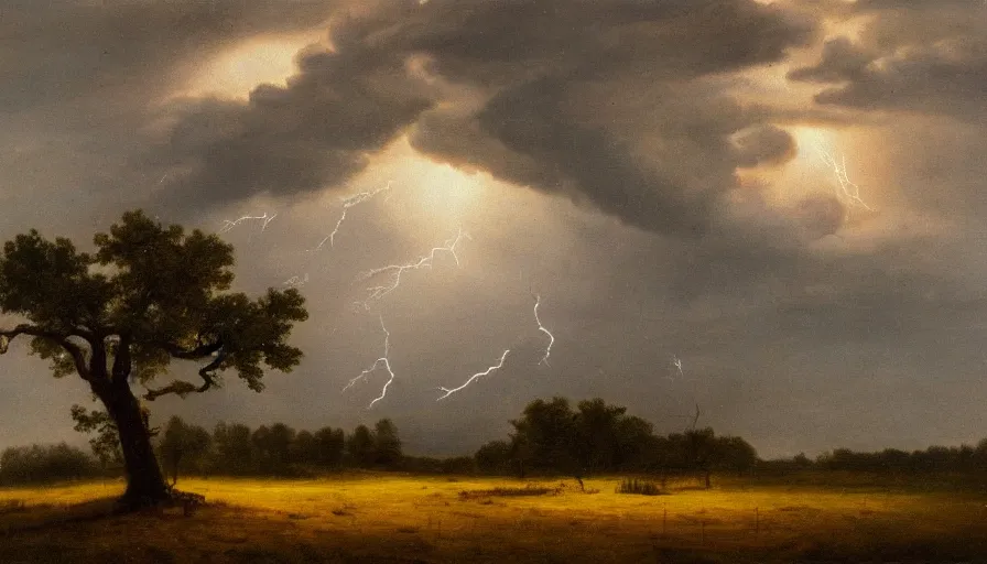 Image similar to A beautiful, highly-detailed oil painting of a lightning striking a lonely oak tree in the middle of a dark, stormy landscape