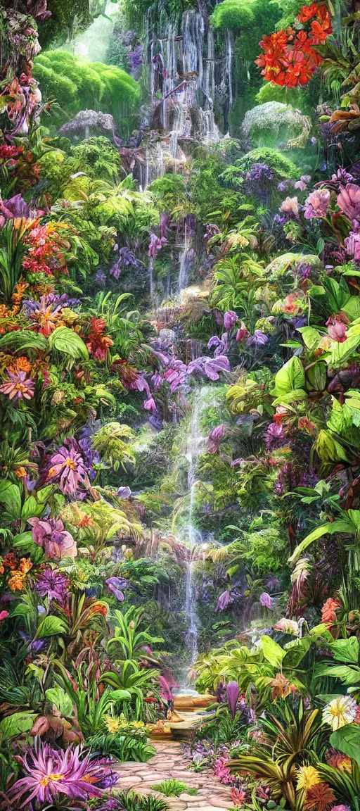 Image similar to cascading concept art of an exotic garden with flowers and big trees, detailed, highly detailed, aesthetic, realistic, hyper realism, colorful, in depth, intricate,